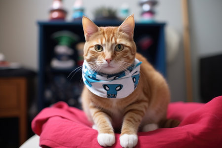 a cat wearing an adopt me bandana sitting on a pet bed, created with generative aiの素材