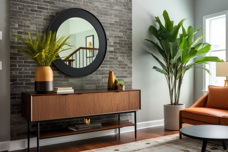 entryway with a large round mirror above a console table, created with generative aiの素材