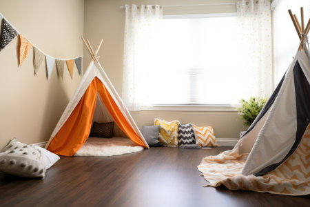 corner of a room with a diy teepee tent and floor cushions, created with generative aiの素材