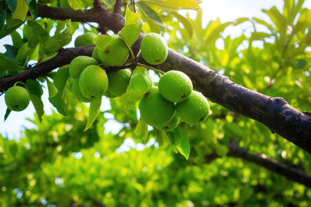 a guava tree with ripe fruits and dark green leaves, created with generative aiの素材