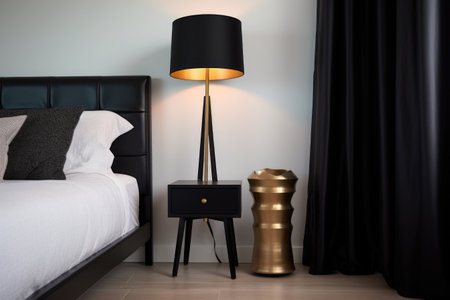 a sleek black standing lamp next to a low profile bed, created with generative aiの素材