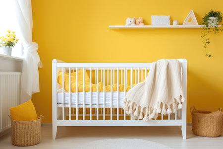 a white baby crib nestled in pale yellow colored kids room, created with generative aiの素材