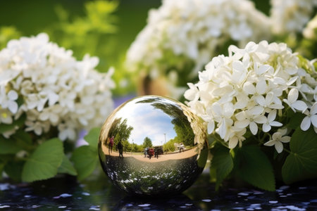 decorative metallic spheres nestled among blooming flowers, created with generative aiの素材