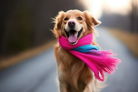 a dog carrying a pink or blue scarf in its mouth, created with generative aiの素材