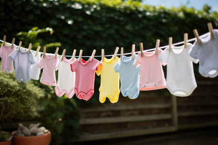 babys clothes spread on a washing line, created with generative aiの素材