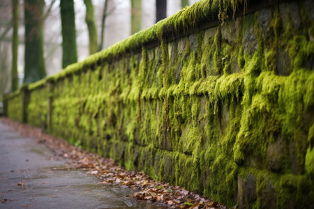 moss-covered stone wall in an urban setting, created with generative aiの素材