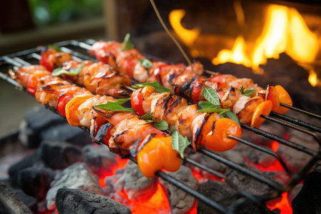 skewered shrimp grilling over hot coals, created with generative aiの素材