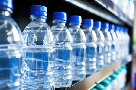 row of bottled waters in a supermarket for hydration, created with generative aiの素材