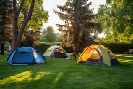 backyard tents for a weekend of camping in nature, created with generative aiの素材