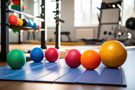 a table with colorful pieces of gym equipment on it, created with generative aiの素材