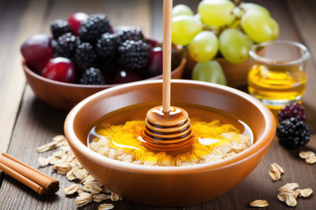 close-up of a bowl of oatmeal with mixed fruits and honey, created with generative aiの素材
