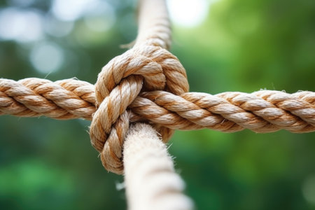 close up shot of a rope knot against the backdrop of a forest, created with generative aiの素材