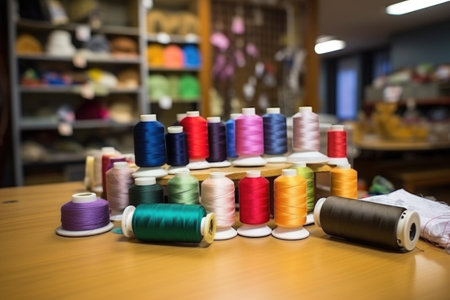 reels of thread and sewing materials on a desk, created with generative aiの素材