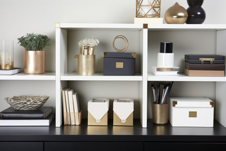 shelf holding decorative storage boxes with office essentials, created with generative aiの素材