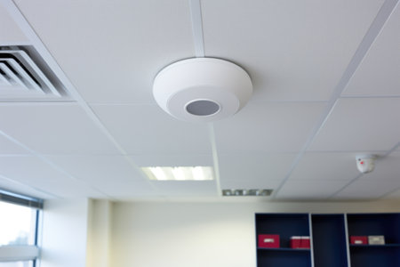 smoke detector installed in office ceiling, created with generative aiの素材