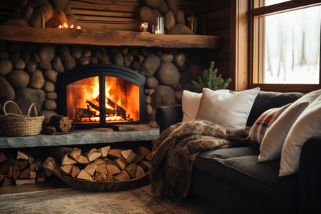 a cozy fireplace in a living room, created with generative aiの素材