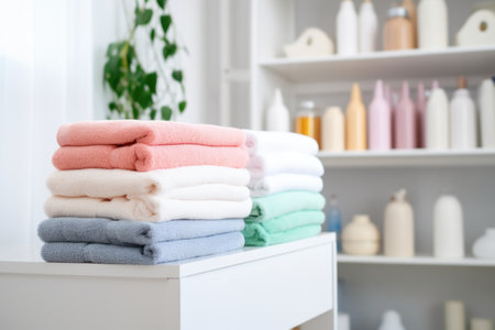 folded fresh towels stacked on a white shelf, created with generative aiの素材