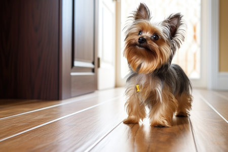 a yorkshire terrier standing on a wooden floor near an open door, created with generative aiの素材