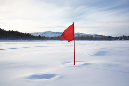 bright red tip-up flag sprung on a snowy landscape, created with generative aiの素材