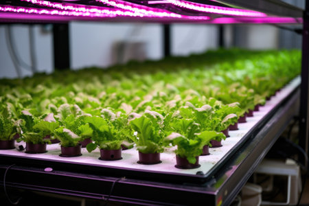 hydroponic lettuce under led grow lights, created with generative aiの素材