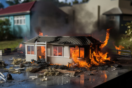 fire and model house showing risk towards property, created with generative aiの素材