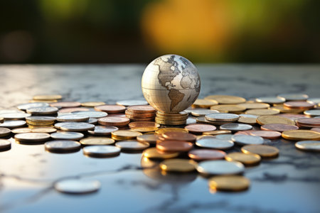various coins forming a pathway to a world globe, created with generative aiの素材