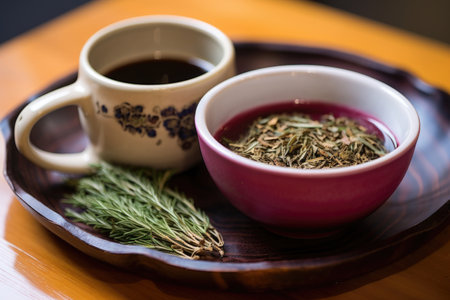acai bowl accompanied by herbal tea on the side, created with generative aiの素材