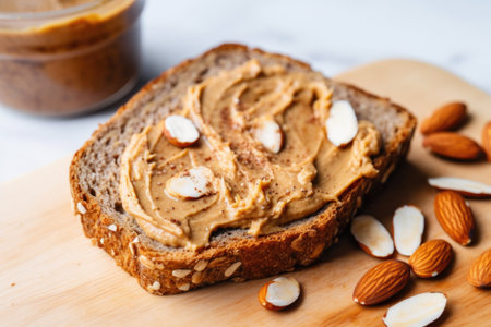 almond butter swirl on a slice of whole grain toast, created with generative aiの素材