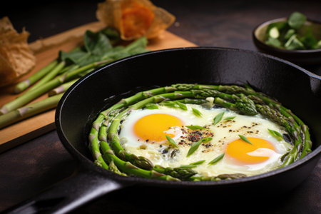 quail egg omelette with chopped asparagus in a skillet, created with generative aiの素材