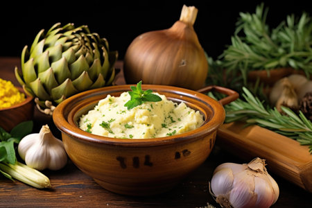 artichoke dip in a bowl surrounded by fresh artichoke hearts, created with generative aiの素材