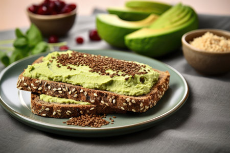multiseed bread with avocado spread on a ceramic plate, created with generative aiの素材