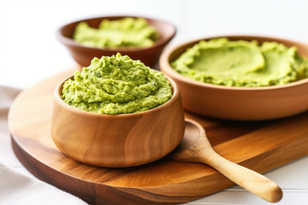 avocado spread on whole wheat baguette slices on a wooden bowl, created with generative aiの素材