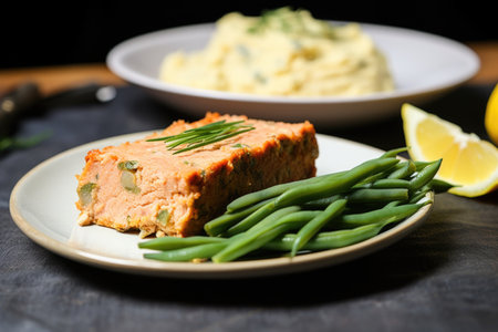 salmon loaf with a side of green beans, created with generative aiの素材