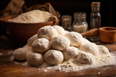 pile of uncooked dough balls ready to be baked, created with generative aiの素材