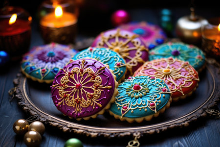 festive ornament cookies with colorful icing, created with generative aiの素材