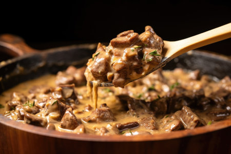 a round wooden spoon scooping up beef stroganoff, created with generative aiの素材