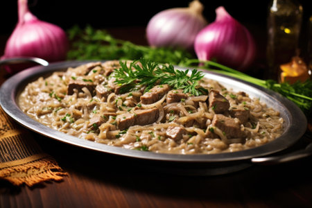 beef stroganoff garnished with sliced onions on metal plate, created with generative aiの素材