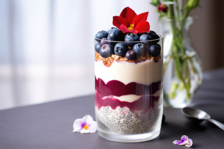 parfait layered in a transparent tulip glass with blueberry and chia seeds, created with generative aiの素材