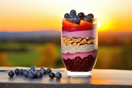 blueberry and chia seeds parfait in a cocktail glass at sunrise, created with generative aiの素材
