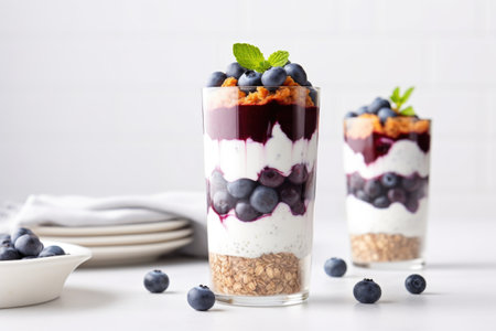 blueberry and chia parfait in a tall glass against a white countertop, created with generative aiの素材