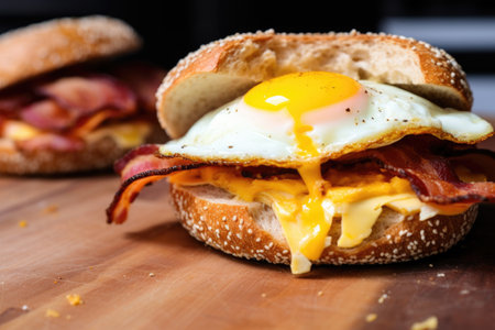 egg, bacon, and cheese on a toasted bagel, created with generative aiの素材