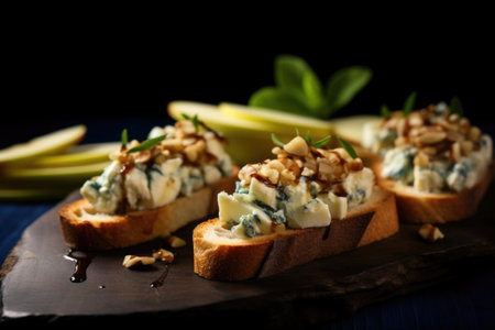 slightly toasted bruschetta slices with apple and gorgonzola slivers under soft lighting, created with generative aiの素材