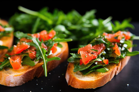 macro shot of bruschetta with plenty of arugula, pepper, and sea salt, created with generative aiの素材