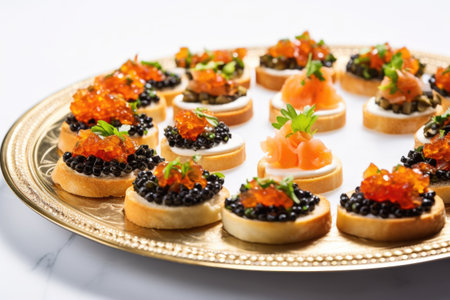 a dozen bruschetta pieces topped with caviar on a circular platter, created with generative aiの素材