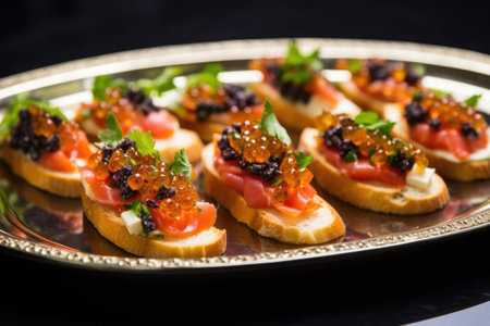 a tray holding multiple pieces of bruschetta topped with caviar, created with generative aiの素材