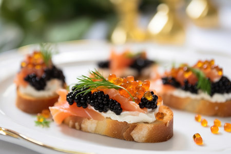 sliced french bread with caviar toppings arranged as bruschetta, created with generative aiの素材