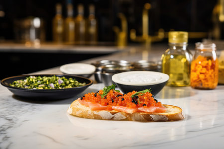 kitchen counter with dish of bruschetta topped with caviar, created with generative aiの素材