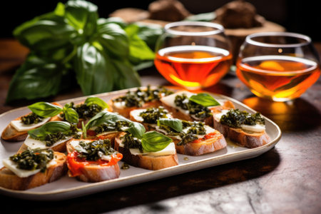 heaped basil leaves beside a tray of bruschetta garnished with green leaves, created with generative aiの素材