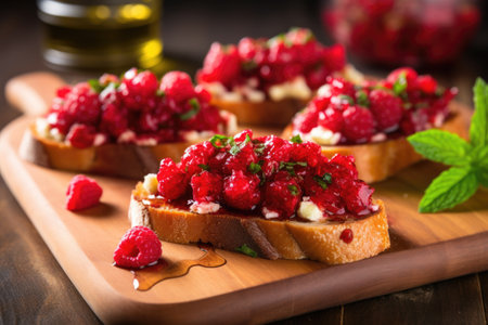 slices of bruschetta garnished with whole raspberries and mint, created with generative aiの素材