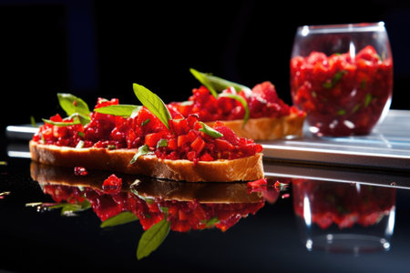 bruschetta with crushed strawberries on a glass table, showing reflection, created with generative aiの素材